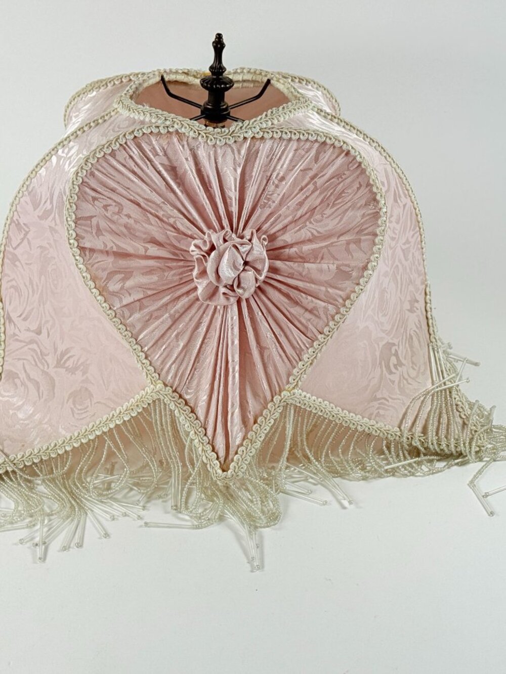 Victorian Tiffany Style Silk w/Beaded Trim Pink Heart Shape Vintage Lamp Shade